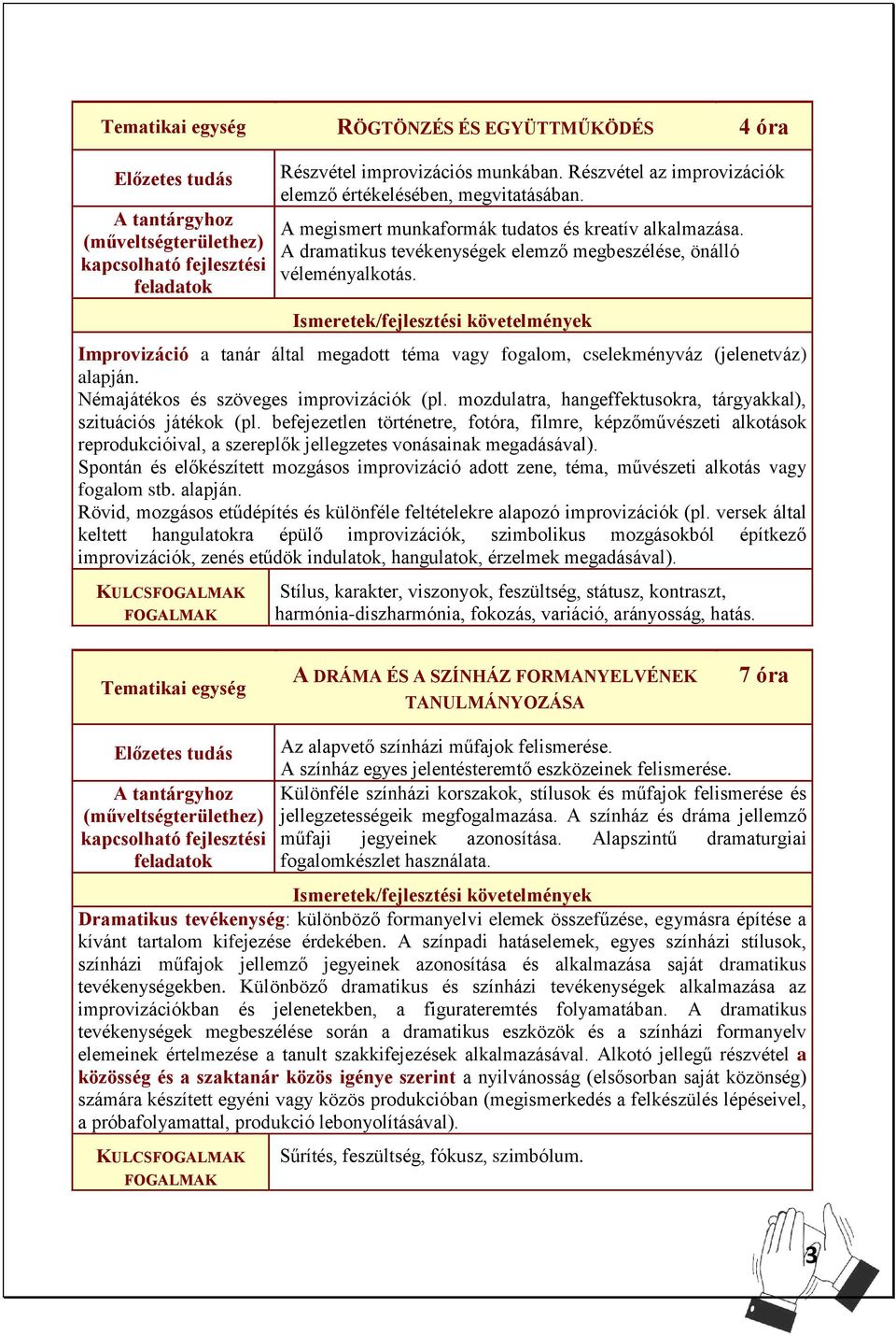 Improvizáció a tanár által megadott téma vagy fogalom, cselekményváz (jelenetváz) alapján. Némajátékos és szöveges improvizációk (pl. mozdulatra, hangeffektusokra, tárgyakkal), szituációs játékok (pl.