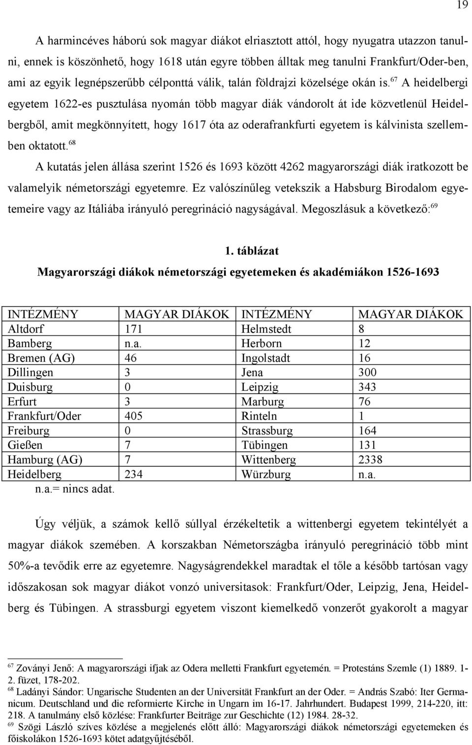 67 A heidelbergi egyetem 1622-es pusztulása nyomán több magyar diák vándorolt át ide közvetlenül Heidelbergből, amit megkönnyített, hogy 1617 óta az oderafrankfurti egyetem is kálvinista szellemben