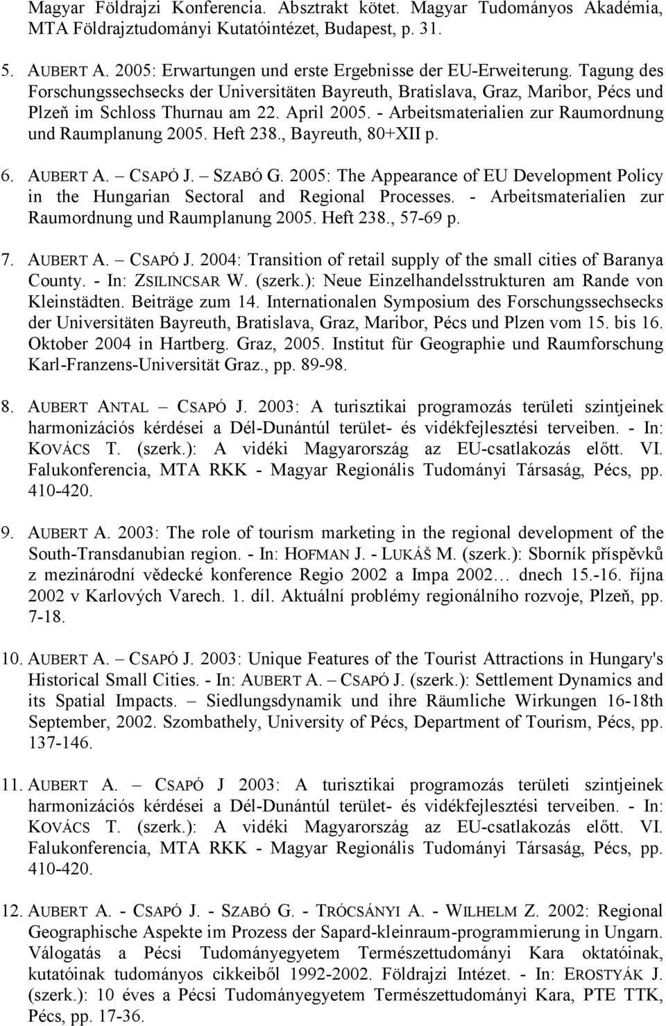 Heft 238., Bayreuth, 80+XII p. 6. AUBERT A. CSAPÓ J. SZABÓ G. 2005: The Appearance of EU Development Policy in the Hungarian Sectoral and Regional Processes.