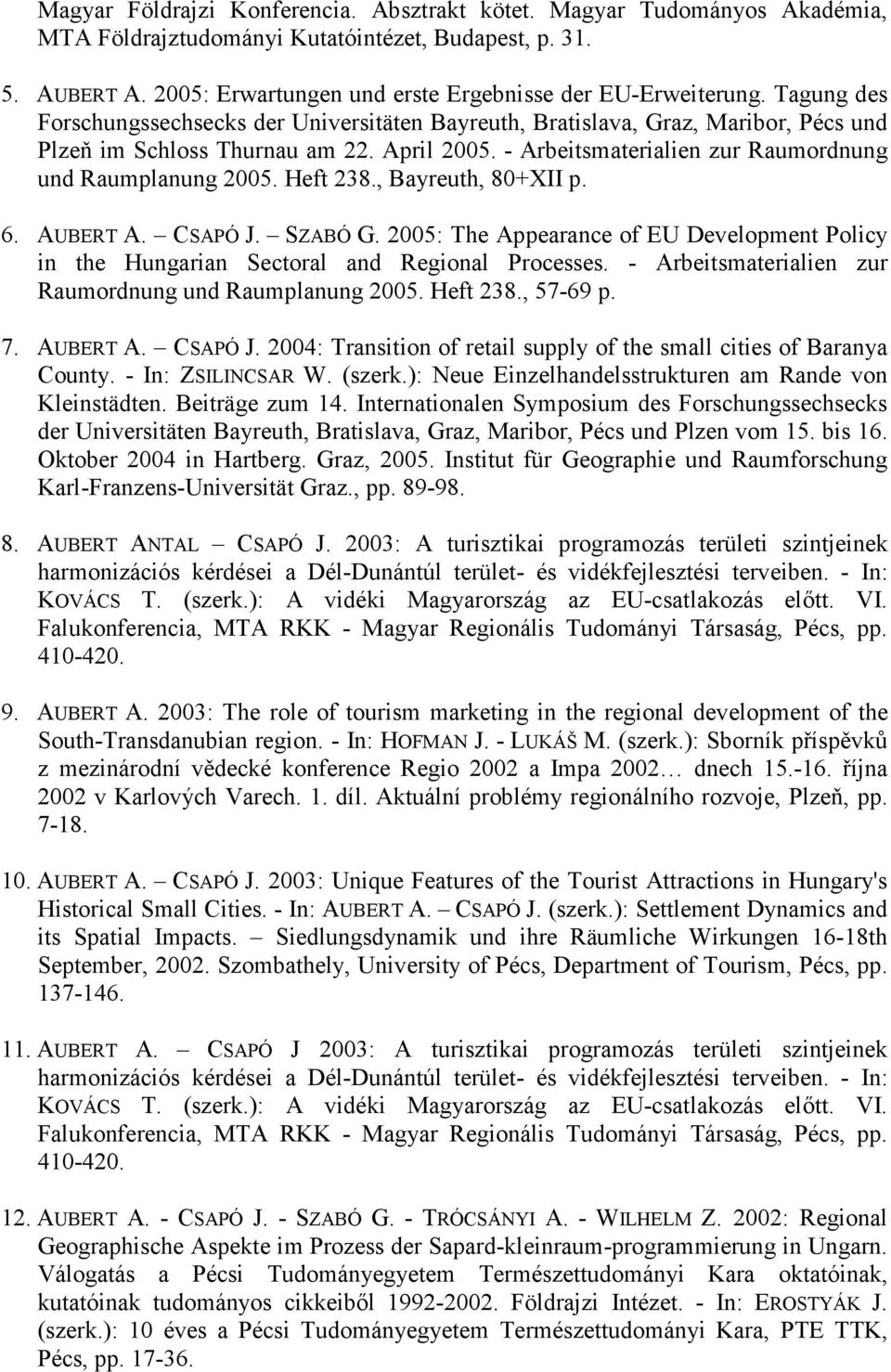 Heft 238., Bayreuth, 80+XII p. 6. AUBERT A. CSAPÓ J. SZABÓ G. 2005: The Appearance of EU Development Policy in the Hungarian Sectoral and Regional Processes.