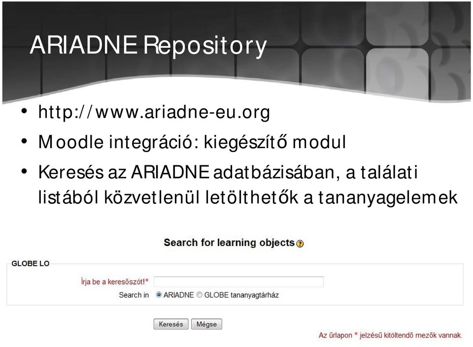 Keresés az ARIADNE adatbázisában, a