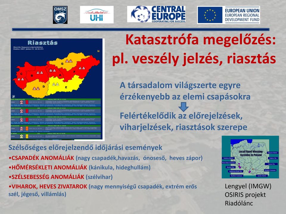 viharjelzések, riasztások szerepe Szélsőséges előrejelzendő időjárási események CSAPADÉK ANOMÁLIÁK (nagy csapadék,havazás,