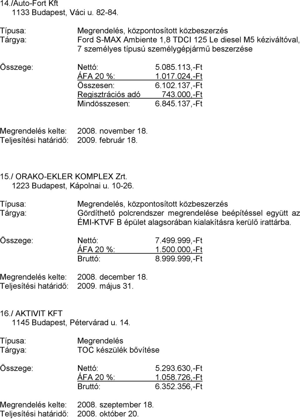 1223 Budapest, Kápolnai u. 10-26. Gördíthető polcrendszer megrendelése beépítéssel együtt az ÉMI-KTVF B épület alagsorában kialakításra kerülő irattárba. Összege: Nettó: 7.499.999,-Ft 1.500.