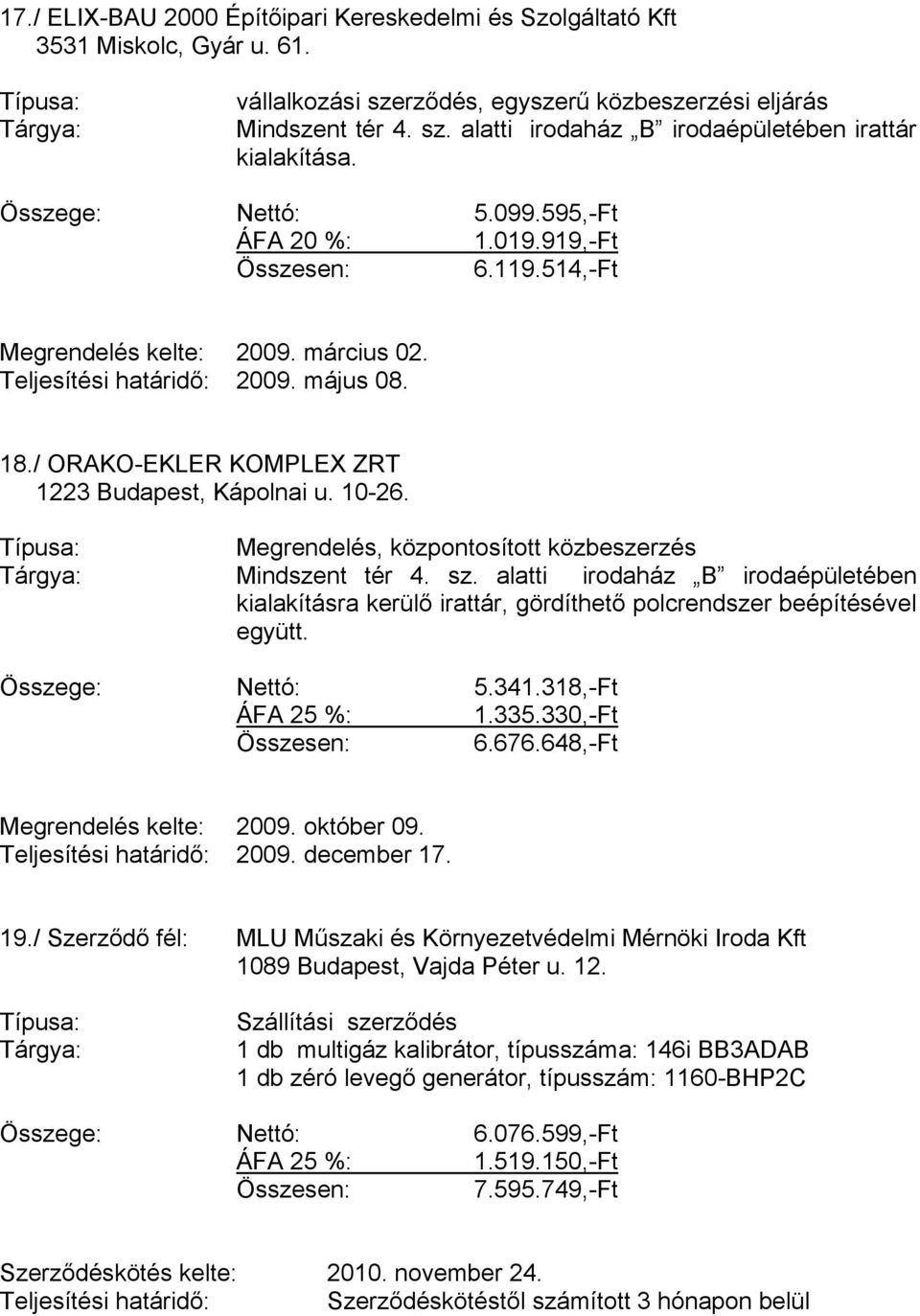 Mindszent tér 4. sz. alatti irodaház B irodaépületében kialakításra kerülő irattár, gördíthető polcrendszer beépítésével együtt. Összege: Nettó: 5.341.318,-Ft 1.335.330,-Ft 6.676.