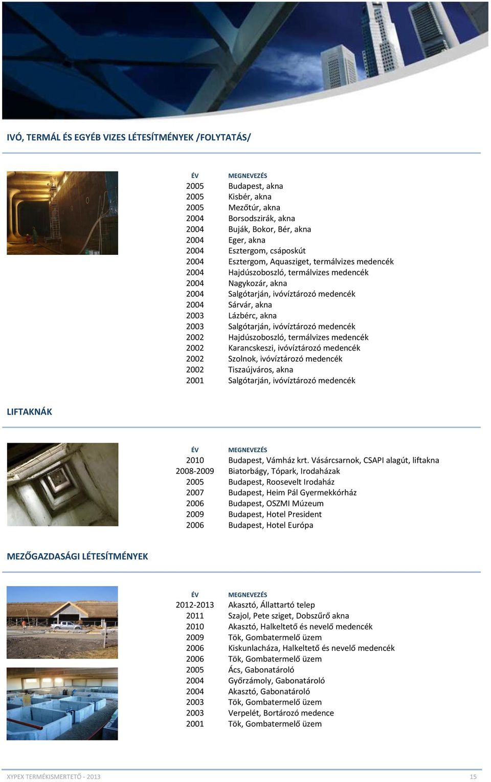 Lázbérc, akna 2003 Salgótarján, ivóvíztározó medencék 2002 Hajdúszoboszló, termálvizes medencék 2002 Karancskeszi, ivóvíztározó medencék 2002 Szolnok, ivóvíztározó medencék 2002 Tiszaújváros, akna