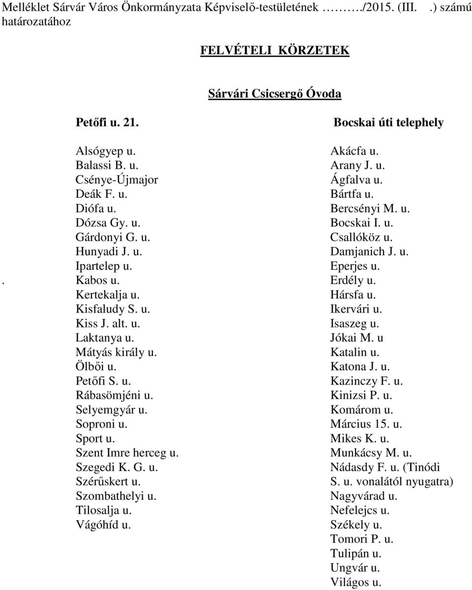 Selyemgyár u. Soproni u. Sport u. Szent Imre herceg u. Szegedi K. G. u. Szérűskert u. Szombathelyi u. Tilosalja u. Vágóhíd u. Bocskai úti telephely Akácfa u. Arany J. u. Ágfalva u. Bártfa u.