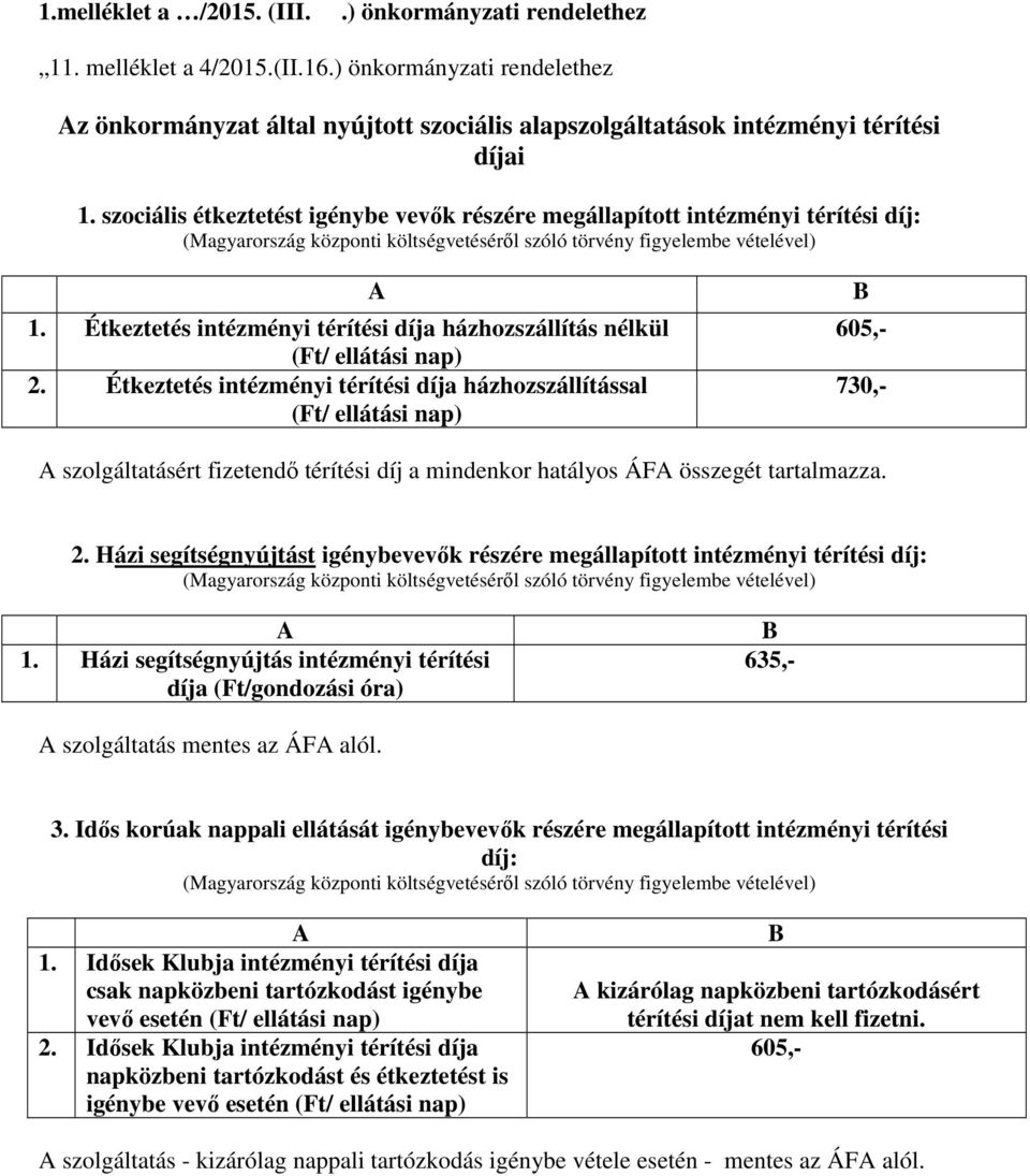 szociális étkeztetést igénybe vevők részére megállapított intézményi térítési díj: (Magyarország központi költségvetéséről szóló törvény figyelembe vételével) 1.