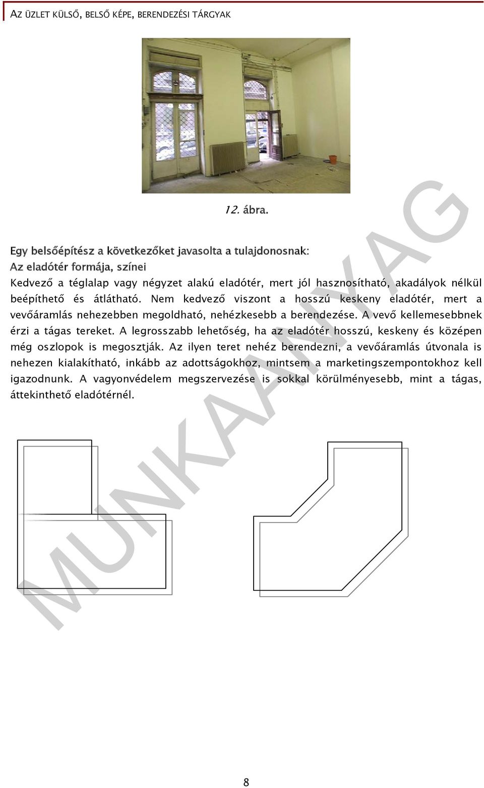 beépíthető és átlátható. Nem kedvező viszont a hosszú keskeny eladótér, mert a vevőáramlás nehezebben megoldható, nehézkesebb a berendezése.