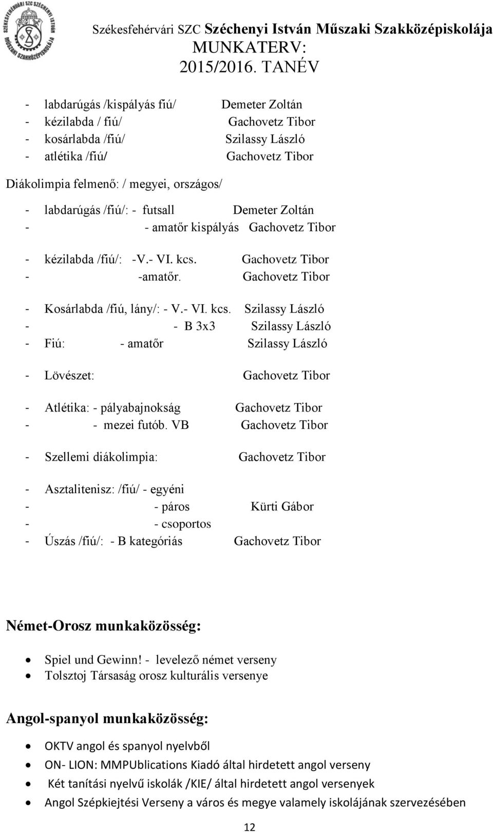 Gachovetz Tibor - -amatőr. Gachovetz Tibor - Kosárlabda /fiú, lány/: - V.- VI. kcs.