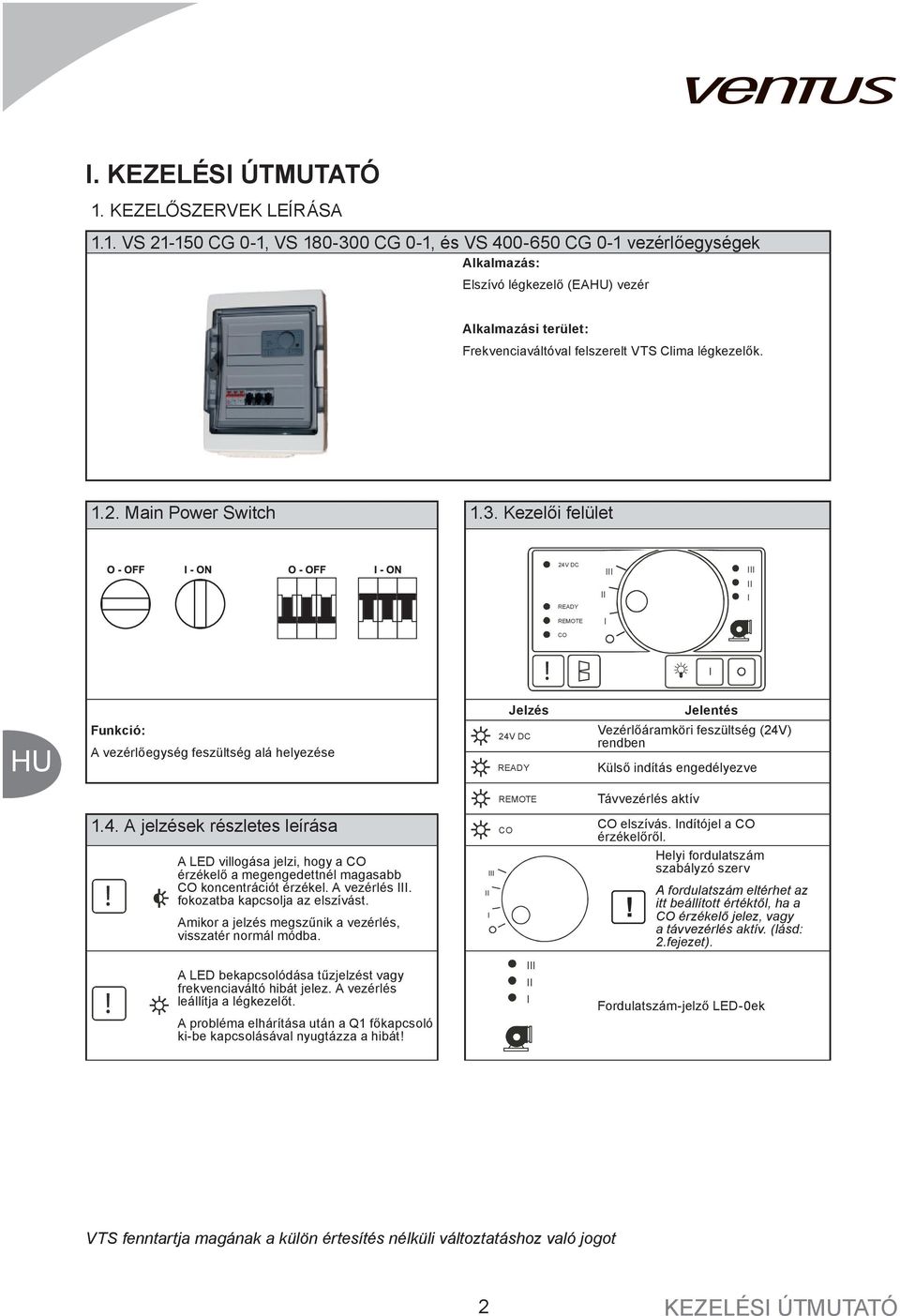 3. Kezelői felület 24V DC READY REMOTE CO Jelzés Jelentés Funkció: A vezérlőegység feszültség alá helyezése 24V DC READY Vezérlőáramköri feszültség (24V) rendben Külső indítás engedélyezve REMOTE