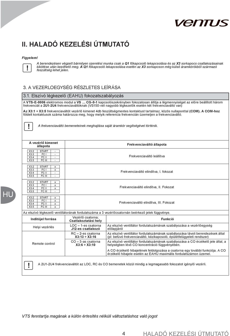 . Elszívó légkezelő (EA) fokozatszabályozás A VTS-E-0006 elektromos modul a VS CG-0- kapcsolószekrényben fokozatosan állítja a légmennyiséget az előre beállított három frekvenciát a 2U-2U4