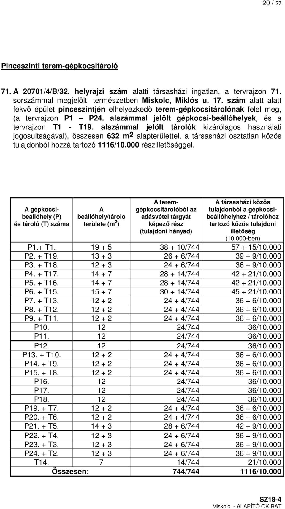 alszámmal jelölt tárolók kizárólagos használati jogosultságával), összesen 632 m2 alapterülettel, a társasházi osztatlan közös tulajdonból hozzá tartozó 1116/10.000 részilletőséggel.