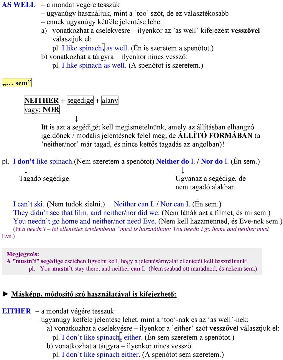 ) sem NEITHER + segédige + alany vagy: NOR Itt is azt a segédigét kell megismételnünk, amely az állításban elhangzó igeidőnek / modális jelentésnek felel meg, de ÁLLÍTÓ FORMÁBAN (a neither/nor már