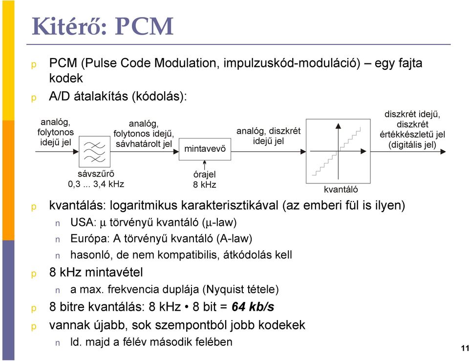 .. 3,4 khz kvantálás: logaritmikus karakterisztikával (az emberi fül is ilyen) USA: µ törvényű kvantáló (µ-law) Euróa: A törvényű kvantáló (A-law) hasonló, de nem