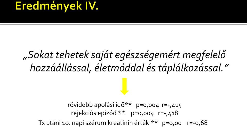 rövidebb ápolási idő** p=0,004 r=-,415 rejekciós epizód