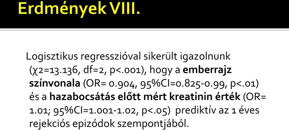 01) és a hazabocsátás előtt mért kreatinin érték (OR= 1.01; 95%CI=1.