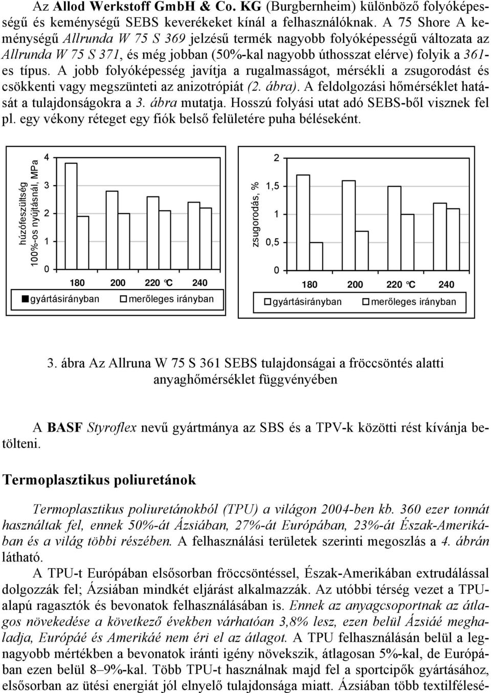 A jobb folyóképesség javítja a rugalmasságot, mérsékli a zsugorodást és csökkenti vagy megszünteti az anizotrópiát (2. ábra). A feldolgozási hőmérséklet hatását a tulajdonságokra a 3. ábra mutatja.