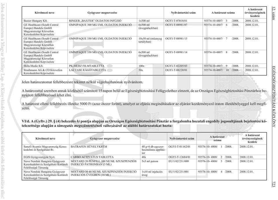 /01 93574-10-4807/ 5 /2008. 2008.12.01. GE Healthcare (South Central Europe) Handels GmbH Magyarországi Közvetlen Kereskedelmi Képviselete OMNIPAQUE 300 MG I/ML OLDATOS INJEKCIÓ 6x500 ml