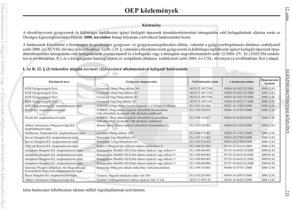 november hónap folyamán a következõ határozatokat hozta: A határozatok közzététele a biztonságos és gazdaságos gyógyszer- és gyógyászatisegédeszköz-ellátás, valamint a gyógyszerforgalmazás általános