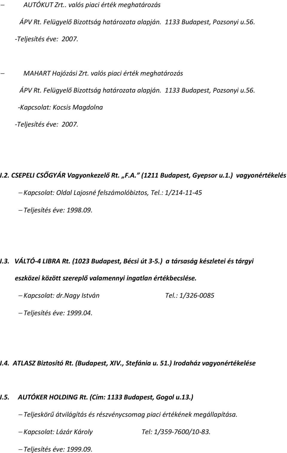 (1211 Budapest, Gyepsor u.1.) vagyonértékelés Kapcsolat: Oldal Lajosné felszámolóbiztos, Tel.: 1/214-11-45 Teljesítés éve: 1998.09. I.3. VÁLTÓ-4 LIBRA Rt. (1023 Budapest, Bécsi út 3-5.