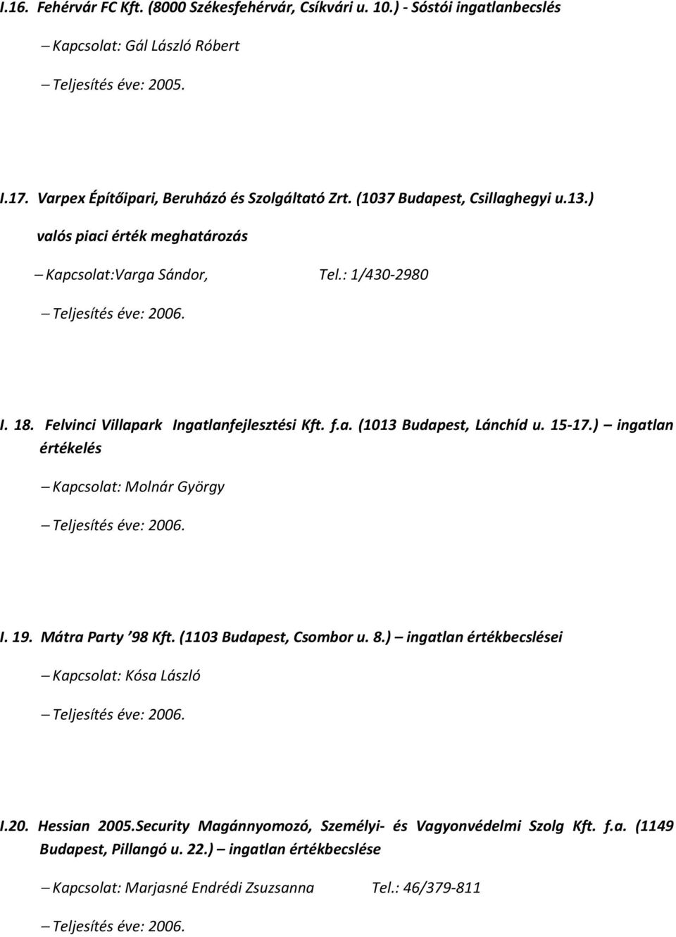 15-17.) ingatlan értékelés Kapcsolat: Molnár György Teljesítés éve: 2006. I. 19. Mátra Party 98 Kft. (1103 Budapest, Csombor u. 8.) ingatlan értékbecslései Kapcsolat: Kósa László Teljesítés éve: 2006.