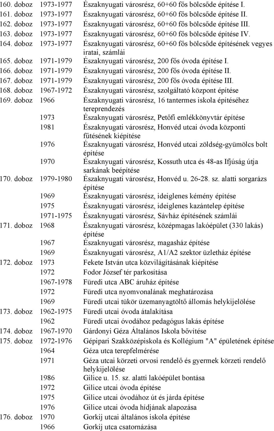 doboz 1973-1977 Északnyugati városrész, 60+60 fős bölcsőde építésének vegyes iratai, számlái 165. doboz 1971-1979 Északnyugati városrész, 200 fős óvoda I. 166.