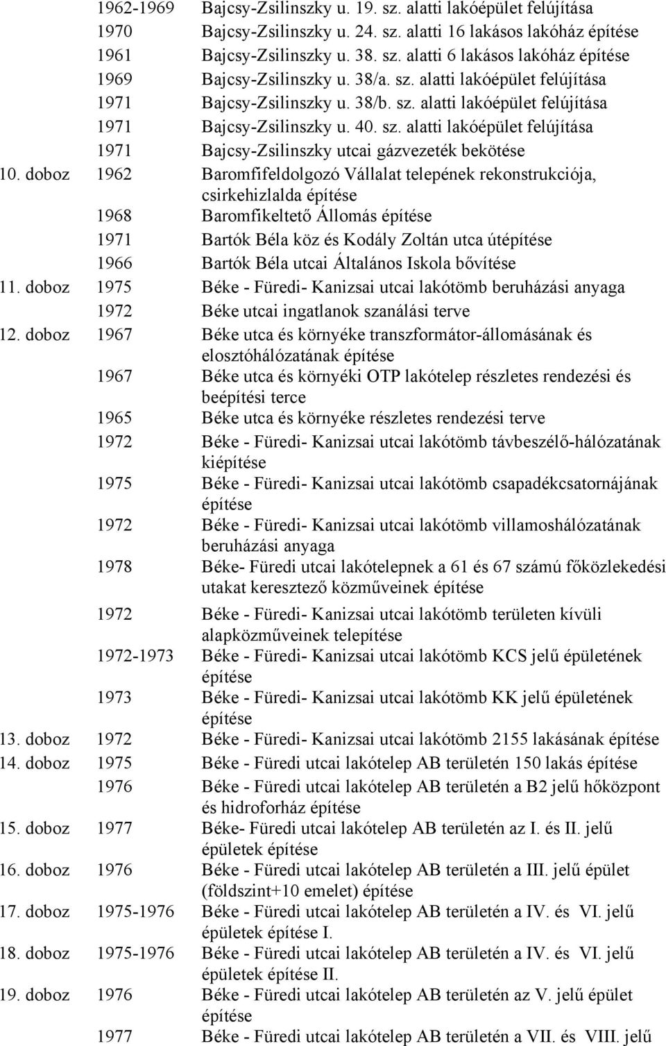 doboz 1962 Baromfifeldolgozó Vállalat telepének rekonstrukciója, csirkehizlalda 1968 Baromfikeltető Állomás 1971 Bartók Béla köz és Kodály Zoltán utca út 1966 Bartók Béla utcai Általános Iskola