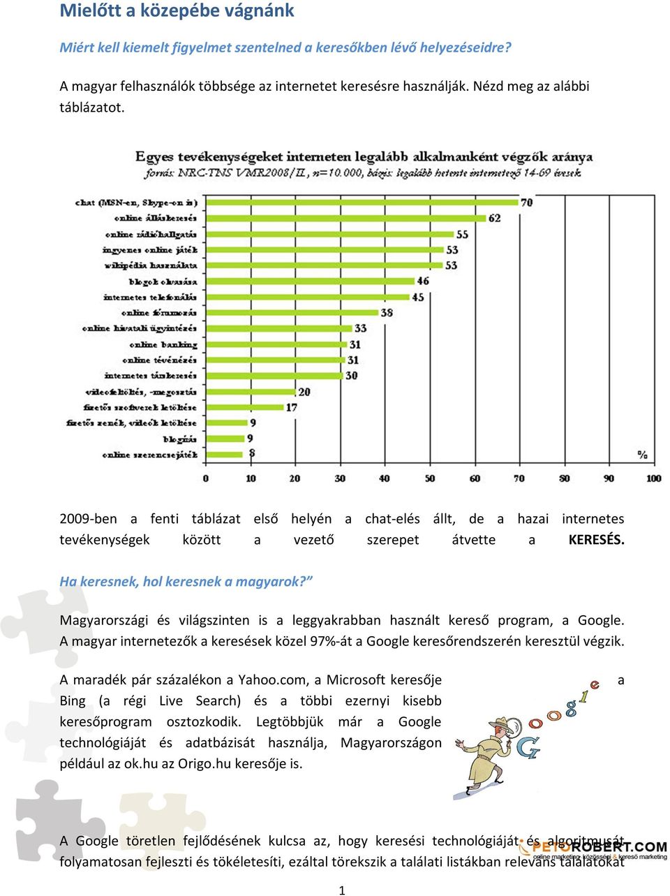 Magyarországi és világszinten is a leggyakrabban használt kereső program, a Google. A magyar internetezők a keresések közel 97%-át a Google keresőrendszerén keresztül végzik.