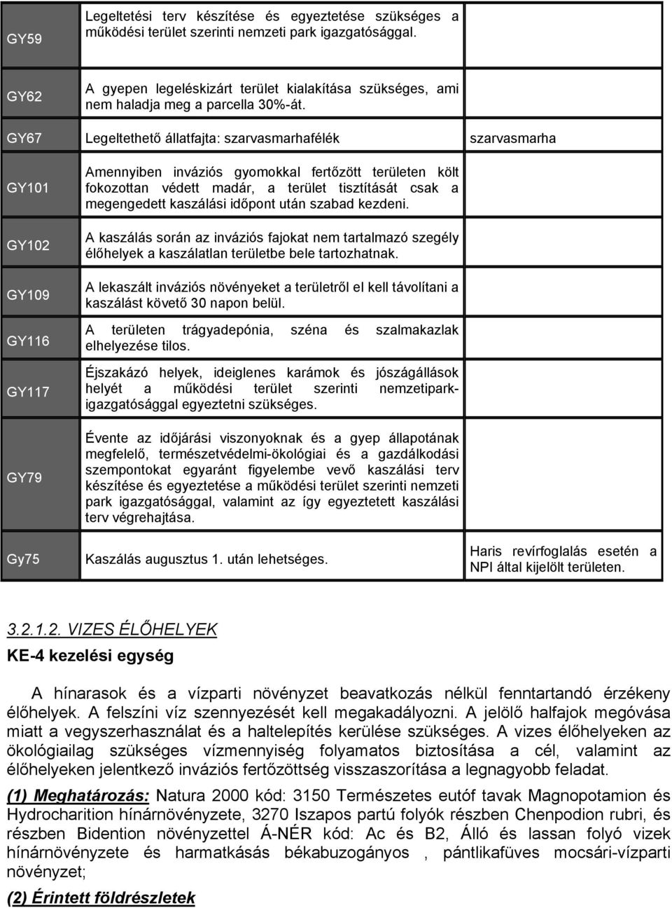 GY67 Legeltethető állatfajta: szarvasmarhafélék szarvasmarha GY101 GY102 GY109 GY116 GY117 GY79 Gy75 Amennyiben inváziós gyomokkal fertőzött területen költ fokozottan védett madár, a terület