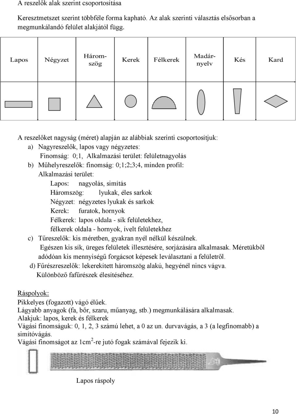 0;1;2;3;4, minden profil: Alkalmazási terület: Lapos: nagyolás, simítás Háromszög: lyukak, éles sarkok Négyzet: négyzetes lyukak és sarkok Kerek: furatok, hornyok Félkerek: lapos oldala - sík