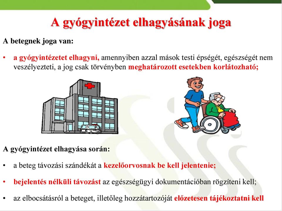 elhagyása során: a beteg távozási szándékát a kezelőorvosnak be kell jelentenie; bejelentés nélküli távozást az