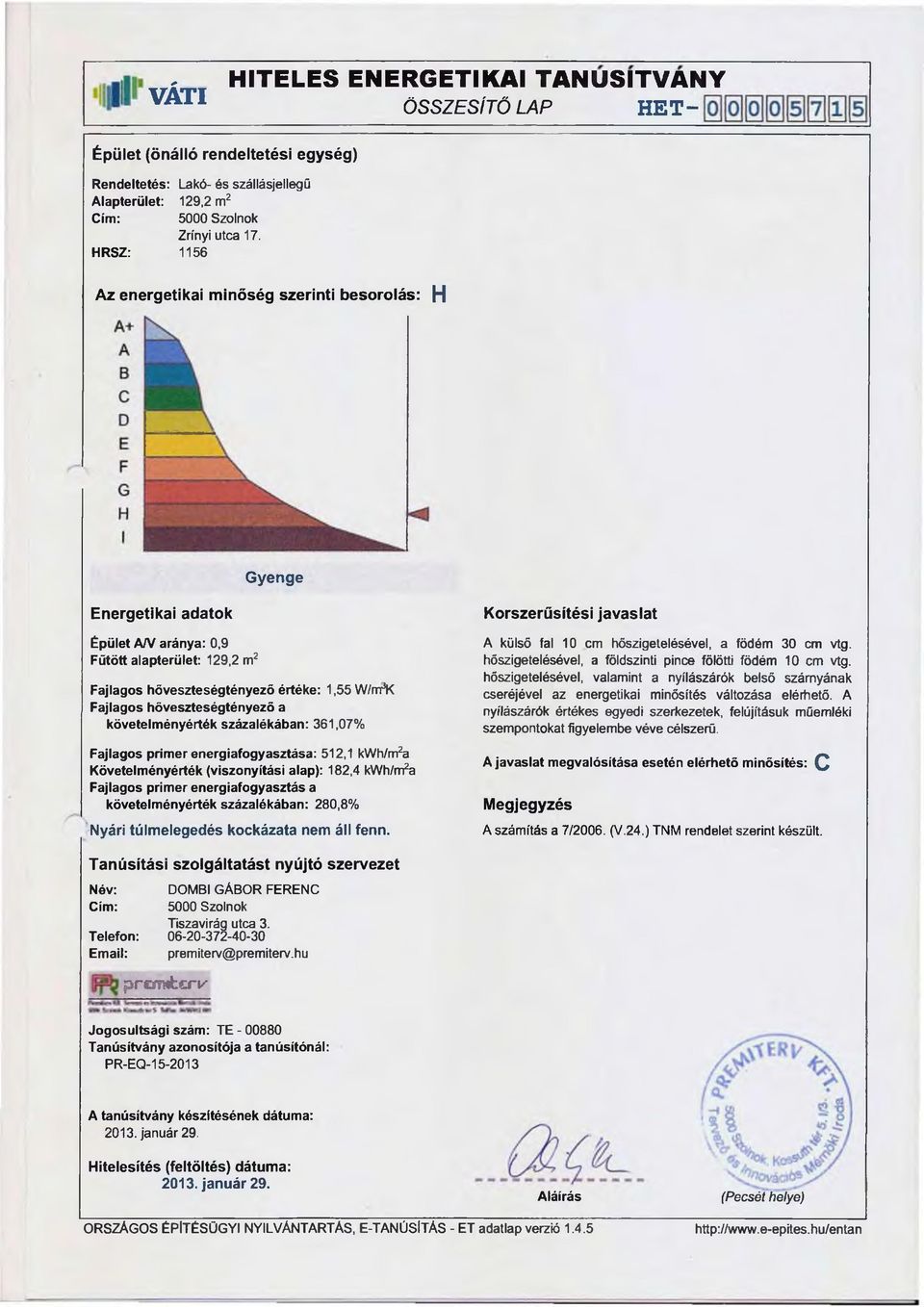 hőveszteségtényező a követelményérték százalékában: 361,07% Fajlagos primer energiafogyasztása: 512,1 kwh/m2a Követelményérték (viszonyítási alap): 182,4 kwh/nr^a Fajlagos primer energiafogyasztás a