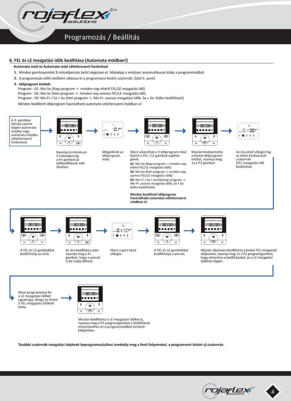 Időprogram módok: Program - 01: Mo-So (Napi program -> minden nap eltérő FEL/LE mozgatási idő) Program - 02: Mo-So (Heti program -> minden nap azonos FEL/LE mozgatási idő) Program - 03: Mo-Fr / Sa +