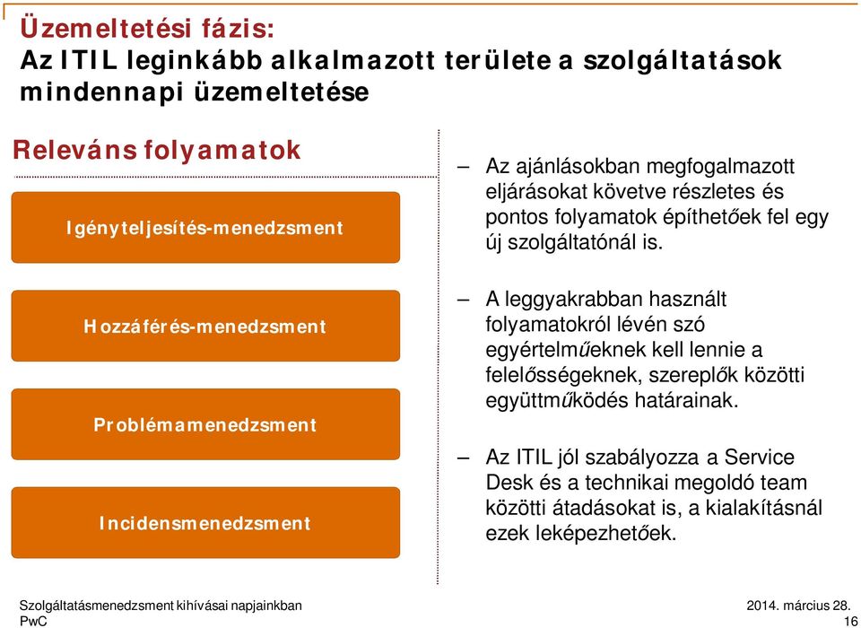 Hozzáférés-menedzsment Problémamenedzsment Incidensmenedzsment A leggyakrabban használt folyamatokról lévén szó egyértelm eknek kell lennie a felel