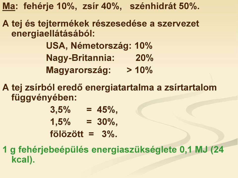 10% Nagy-Britannia: 20% Magyarország: > 10% A tej zsírból eredő energiatartalma a