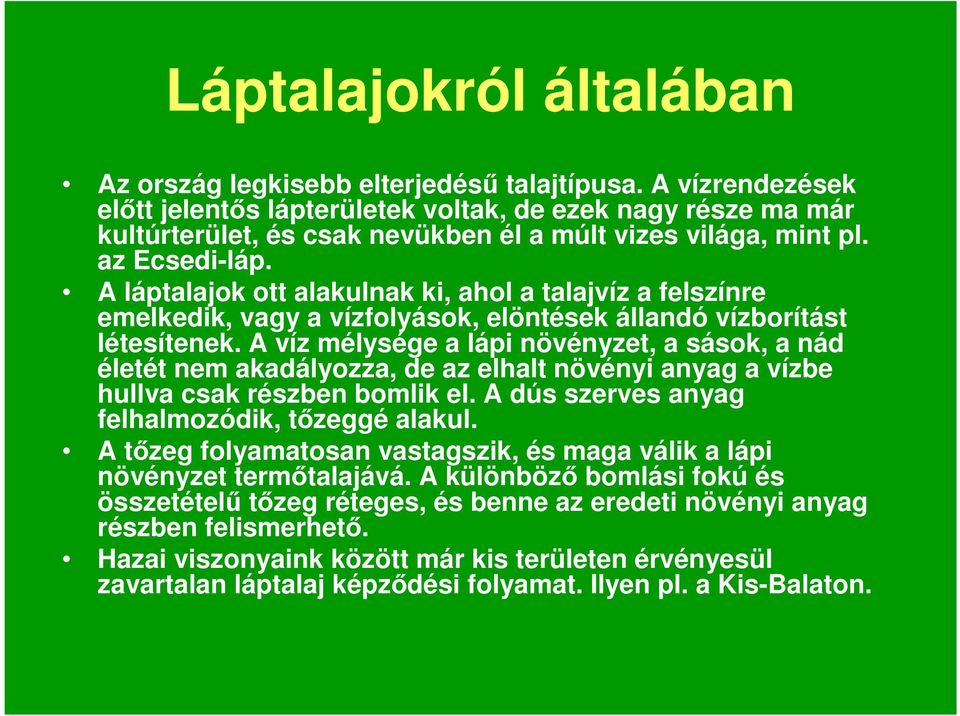 A láptalajok ott alakulnak ki, ahol a talajvíz a felszínre emelkedik, vagy a vízfolyások, elöntések állandó vízborítást létesítenek.