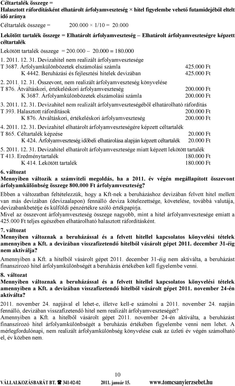 Devizahitel nem realizált árfolyamvesztesége T 3687. Árfolyamkülönbözetek elszámolási számla K 4442. Beruházási és fejlesztési hitelek devizában 2. 2011. 12. 31.