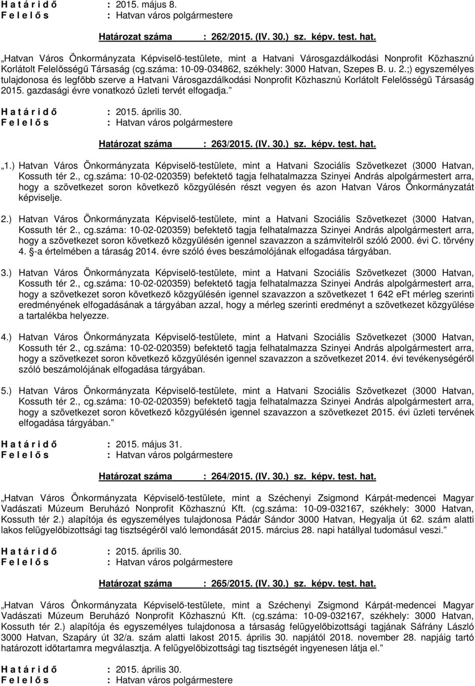 gazdasági évre vonatkozó üzleti tervét elfogadja. : 2015. április 30. : 263/2015. (IV. 30.) sz. képv. test. hat. 1.