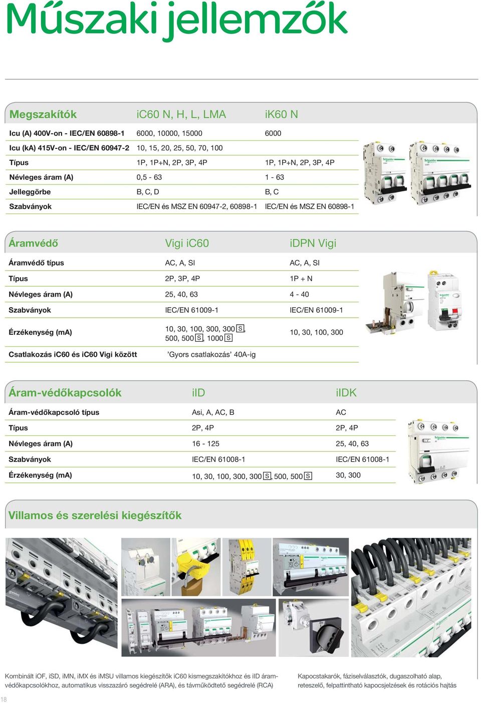SI AC, A, SI Típus 2P, 3P, 4P 1P + N Névleges áram (A) 25, 40, 63 4-40 Szabványok IEC/EN 61009-1 IEC/EN 61009-1 Érzékenység (ma) Csatlakozás ic60 és ic60 Vigi között 10, 30, 100, 300, 300 S, 500, 500