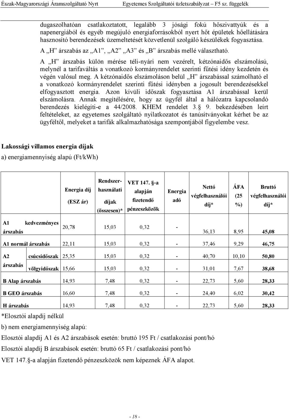 üzemeltetését közvetlenül szolgáló készülékek fogyasztása. A H árszabás az A1, A2 A3 és B árszabás mellé választható.