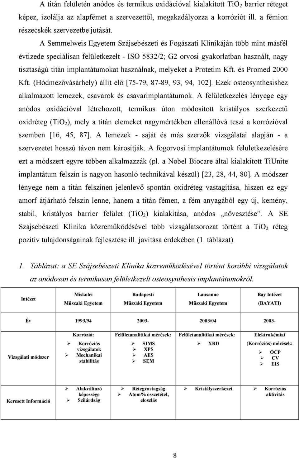 használnak, melyeket a Protetim Kft. és Promed 2000 Kft. (Hódmezővásárhely) állít elő [75-79, 87-89, 93, 94, 102]. Ezek osteosynthesishez alkalmazott lemezek, csavarok és csavarimplantátumok.