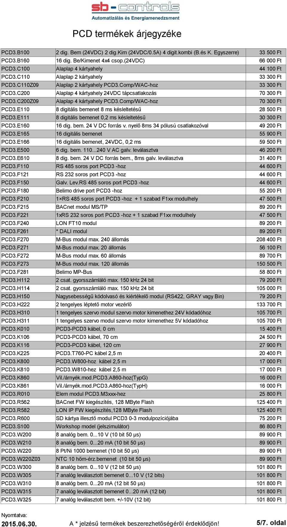 Comp/WAC-hoz 70 300 Ft PCD3.E110 8 digitális bemenet 8 ms késleltetésű 28 500 Ft PCD3.E111 8 digitális bemenet 0,2 ms késleltetésű 30 300 Ft PCD3.E160 16 dig. bem. 24 V DC forrás v.