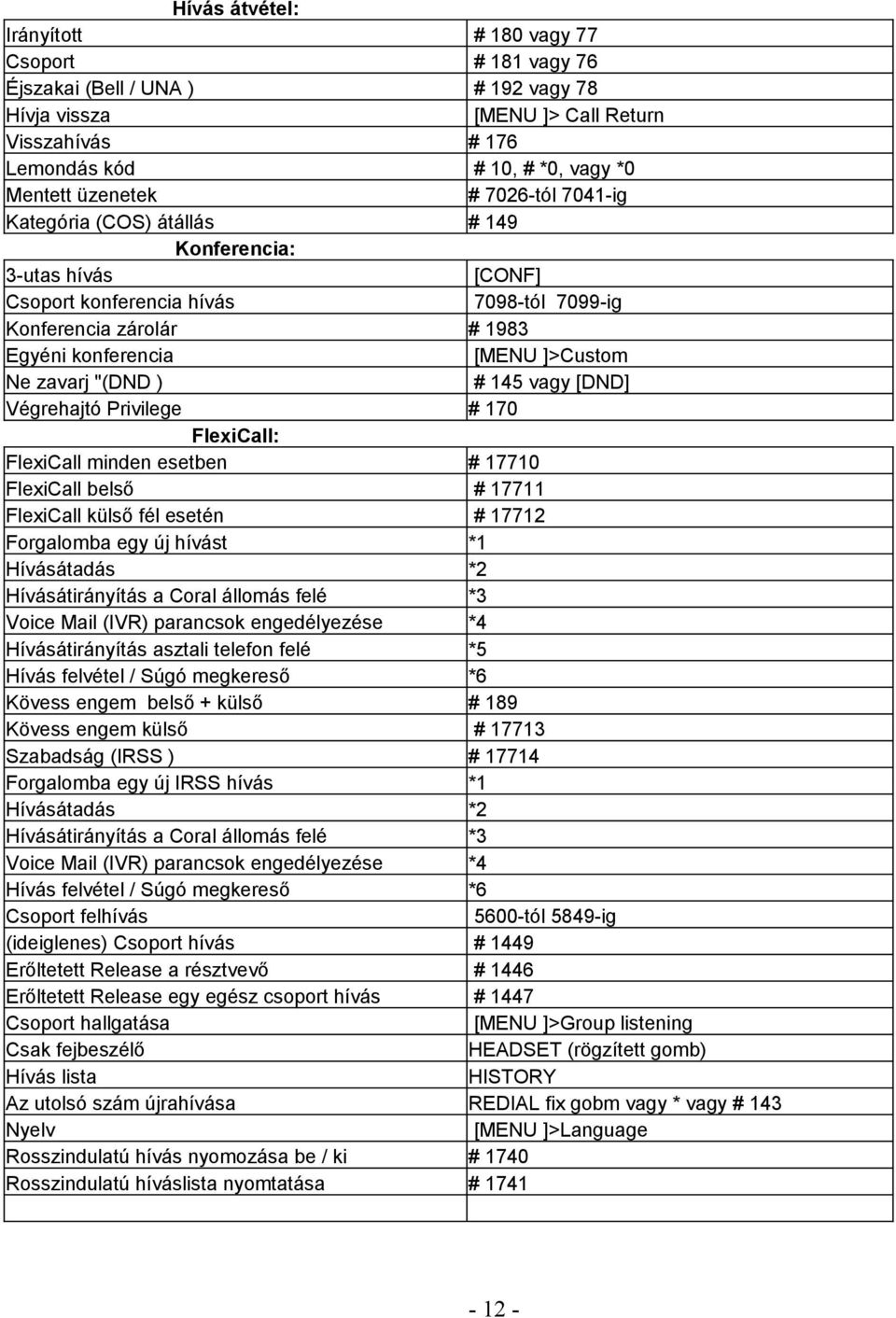 zavarj "(DND ) # 145 vagy [DND] Végrehajtó Privilege # 170 FlexiCall: FlexiCall minden esetben # 17710 FlexiCall belső # 17711 FlexiCall külső fél esetén # 17712 Forgalomba egy új hívást *1