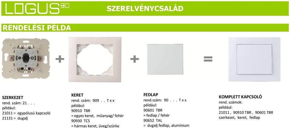 . T x x például: 90910 TBR = egyes keret, műanyag/ fehér 90930 TCS = hármas keret, üveg/szürke FEDLAP