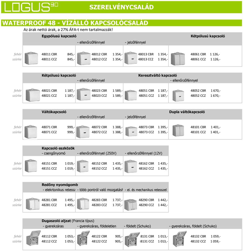1 354,- 48061 CCZ 1 126,- Kétpólusú kapcsoló Keresztváltó kapcsoló - ellenőrzőfénnyel - ellenőrzőfénnyel fehér 48021 CBR 1 187,- 48023 CBR 1 589,- 48051 CBR 1 187,- 48052 CBR 1 670,- szürke 48021 CCZ