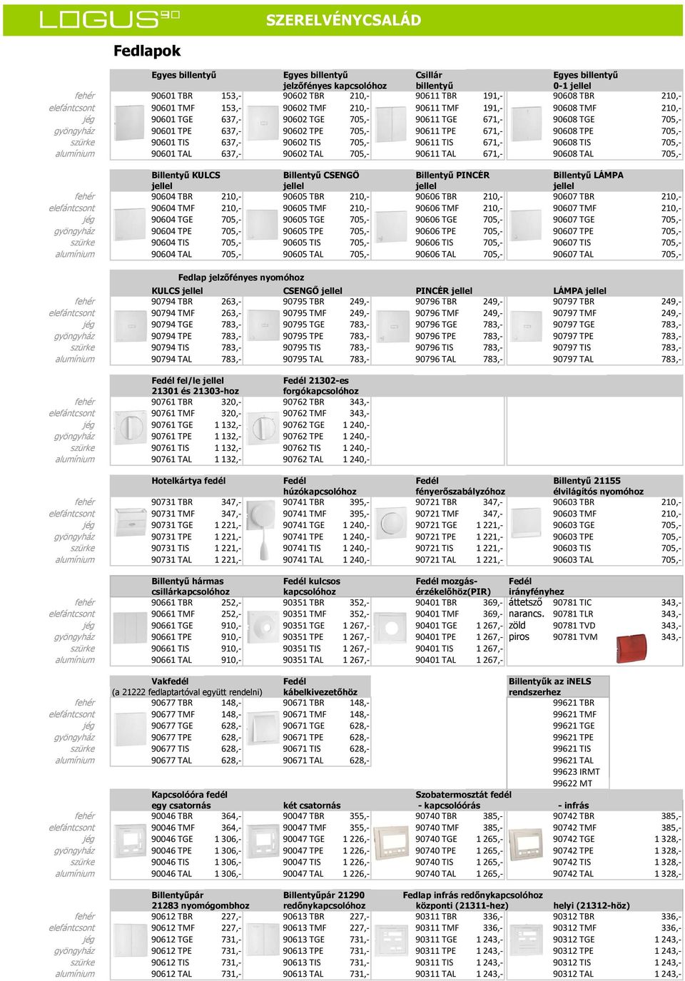 szürke 90601 TIS 637,- 90602 TIS 705,- 90611 TIS 671,- 90608 TIS 705,- alumínium 90601 TAL 637,- 90602 TAL 705,- 90611 TAL 671,- 90608 TAL 705,- Billentyű KULCS Billentyű CSENGŐ Billentyű PINCÉR