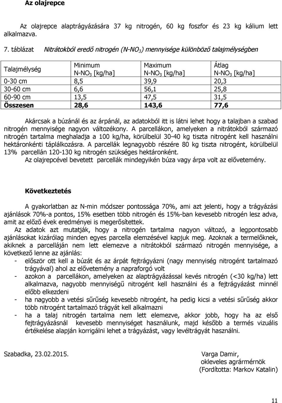 56,1 25,8 60-90 cm 13,5 47,5 31,5 Összesen 28,6 143,6 77,6 Akárcsak a búzánál és az árpánál, az adatokból itt is látni lehet hogy a talajban a szabad nitrogén mennyisége nagyon változékony.