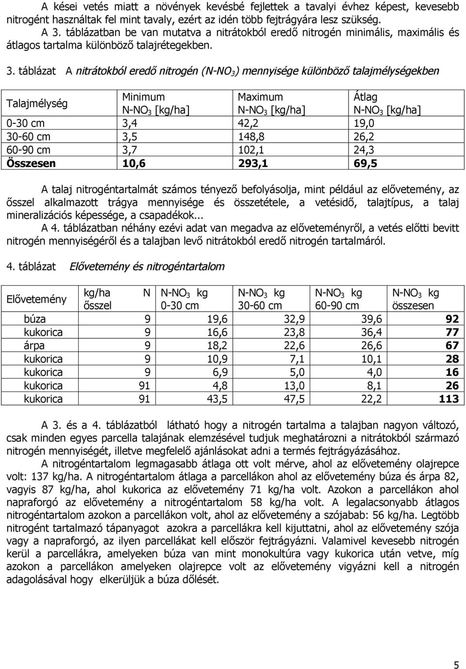 táblázat A nitrátokból eredő nitrogén (N-NO 3 ) mennyisége különböző talajmélységekben Talajmélység Minimum Maximum Átlag N-NO 3 [kg/ha] N-NO 3 [kg/ha] N-NO 3 [kg/ha] 0-30 cm 3,4 42,2 19,0 30-60 cm