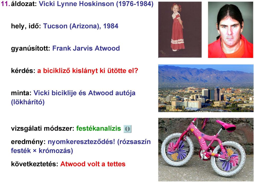 minta: Vicki biciklije és Atwood autója (lökhárító) vizsgálati módszer: