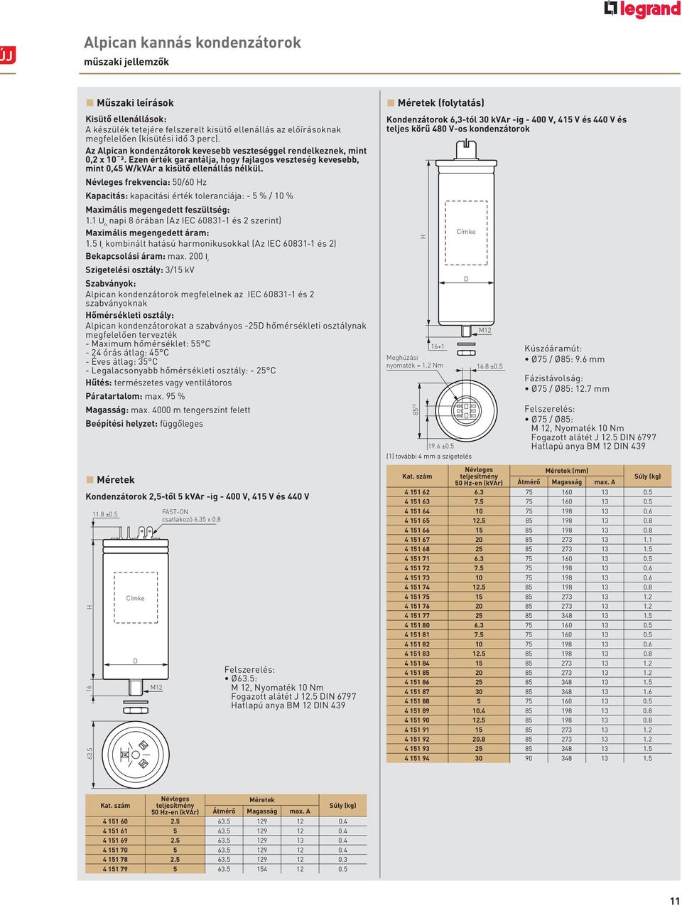 Névleges frekvencia: 50/60 Hz Kapacitás: kapacitási érték toleranciája: - 5 % / 0 % Maximális megengedett feszültség:. U n napi 8 órában (Az IEC 6083- és 2 szerint) Maximális megengedett áram:.